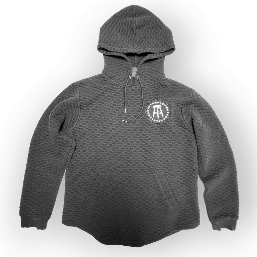 Barstool Sports Quilted Hoodie SIZE M Black Unisex Elbow Patch Pullover